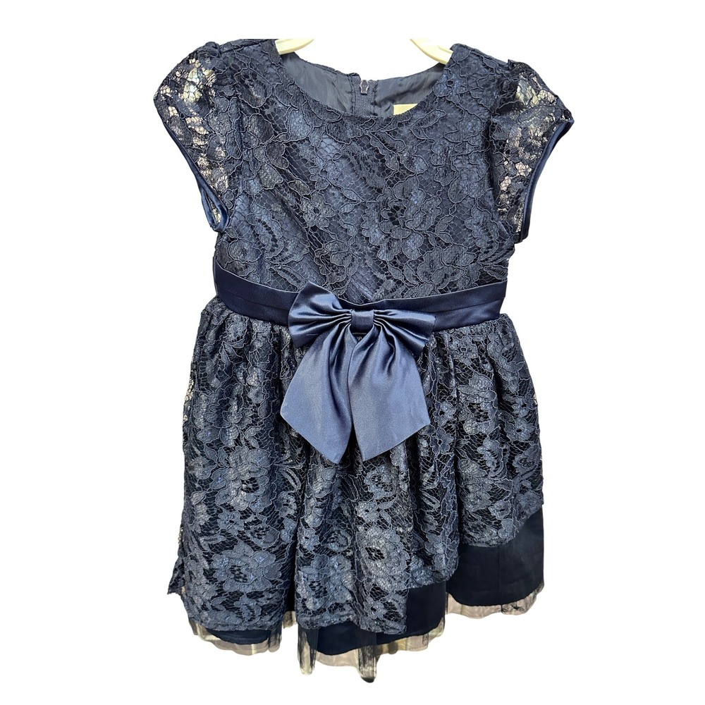Peaches Petal Girls Navy Blue‎ Lace Formal Dress Bow Party Occasion Size 5